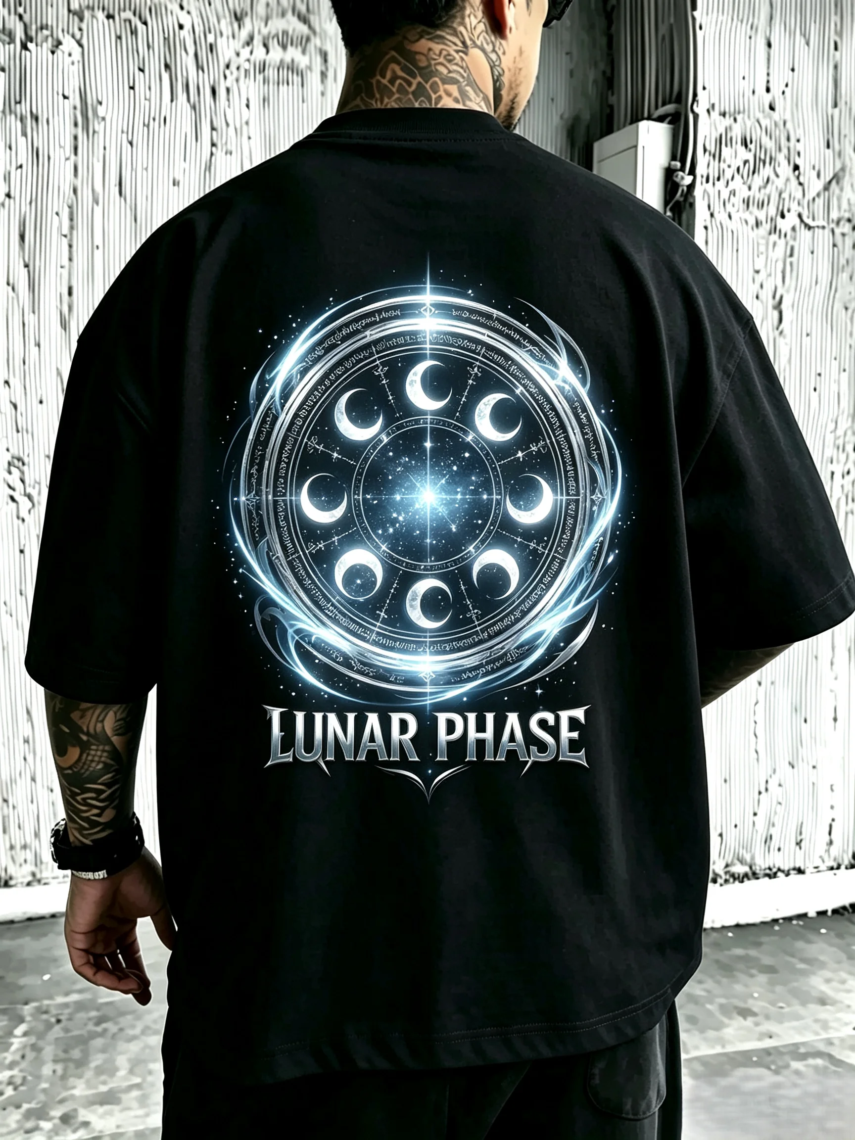 Unisex Lunar Phase Magic Circle Back Print T Shirt Men Women Moon Phase Astrology Star Graphic Oversized Crew Neck Short Sleeve Tee Mystic Witch Streetwear Cotton Top
