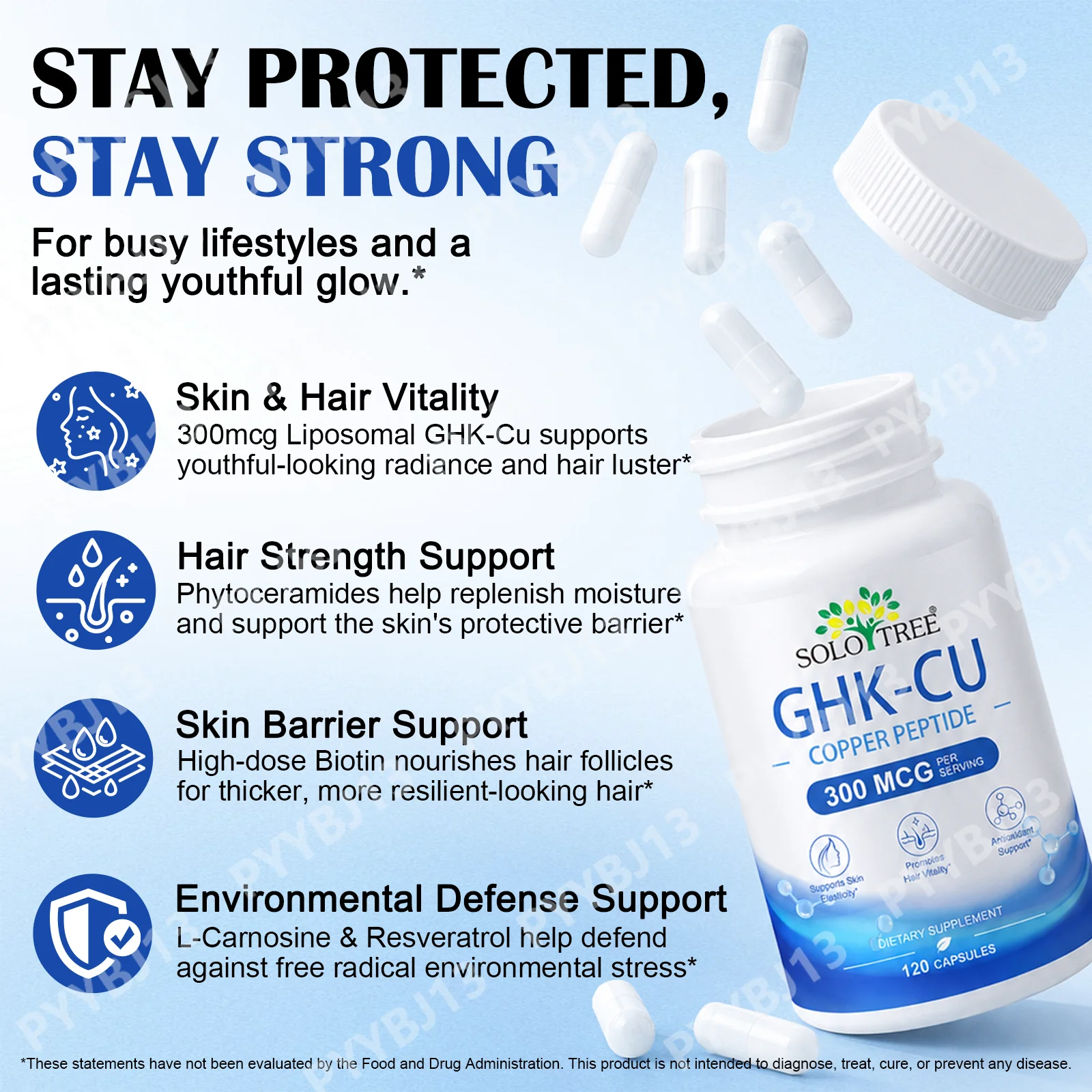 SOLOTREE GHK‑Cu Copper Peptide Capsules, 300mcg Liposomal Formula with Biotin & Phytoceramides,120 Count, Boost Skin Elasticity
