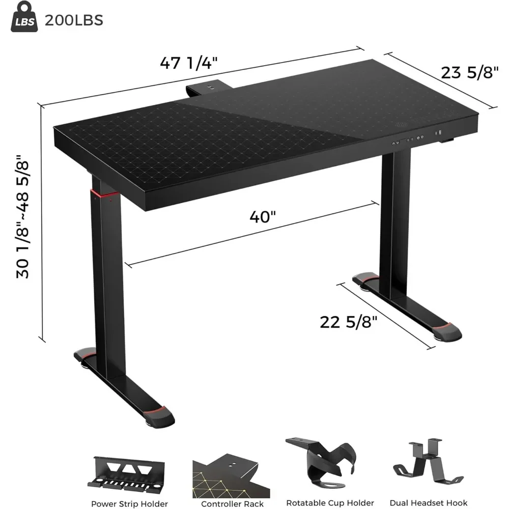 47 Inch Gaming Desk, Adjustable Height Computer Desks Music Sensing LED Sit Stand Desk for Gamer W Dual Motors, USB Ports