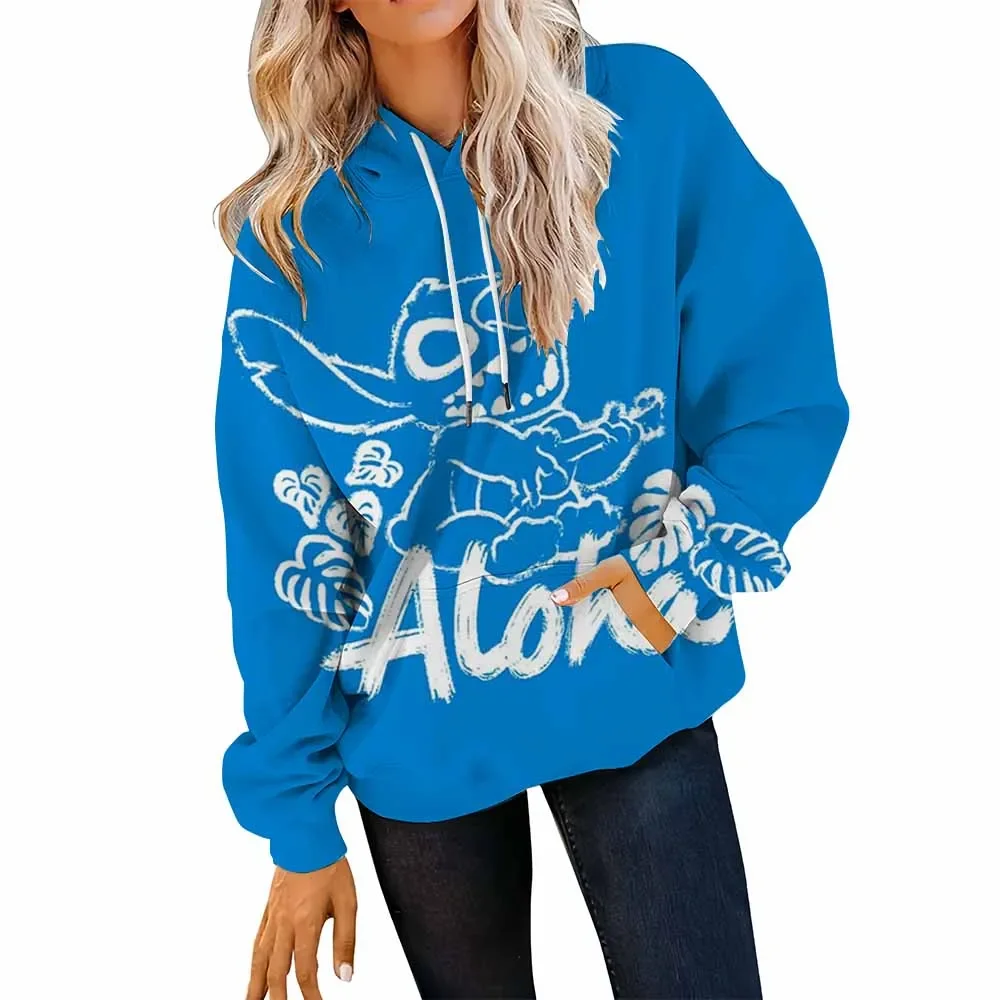 Bluza z kapturem na jesień i zimę, luźny krój, długi rękaw, nadruk Disney Stitch, jesień-zima, rozmiar plus size, zapinana na zamek, transgraniczna.