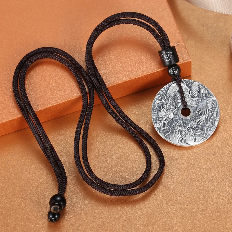 UMQ Pure Silver 999 Safety Buckle Pendant Men's Solid Retro Dragon Brand round Ethnic Style Unique Hipster Pendant