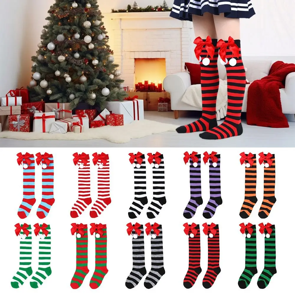 Cute Bow Hair Ball Christmas Socks Anti Friction Stripe Christmas Stocking Polyester Kids Socks Autumn and Winter