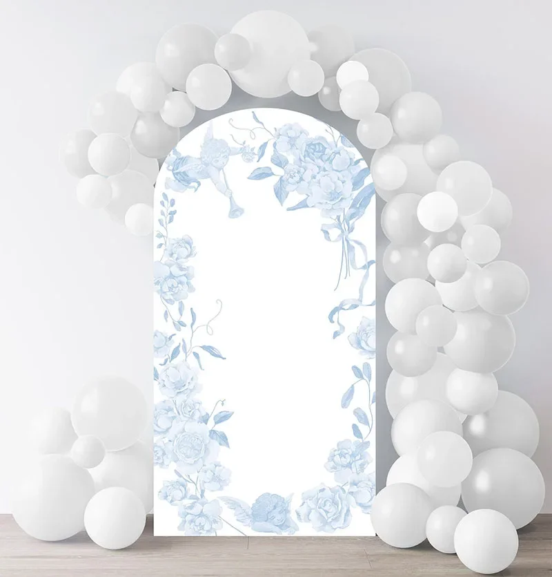 

Двусторонний синий элегантный фон Mehofond с цветочным узором и ангелочками для детского дня рождения, вечеринки в честь рождения ребенка, декор для арки Чиары