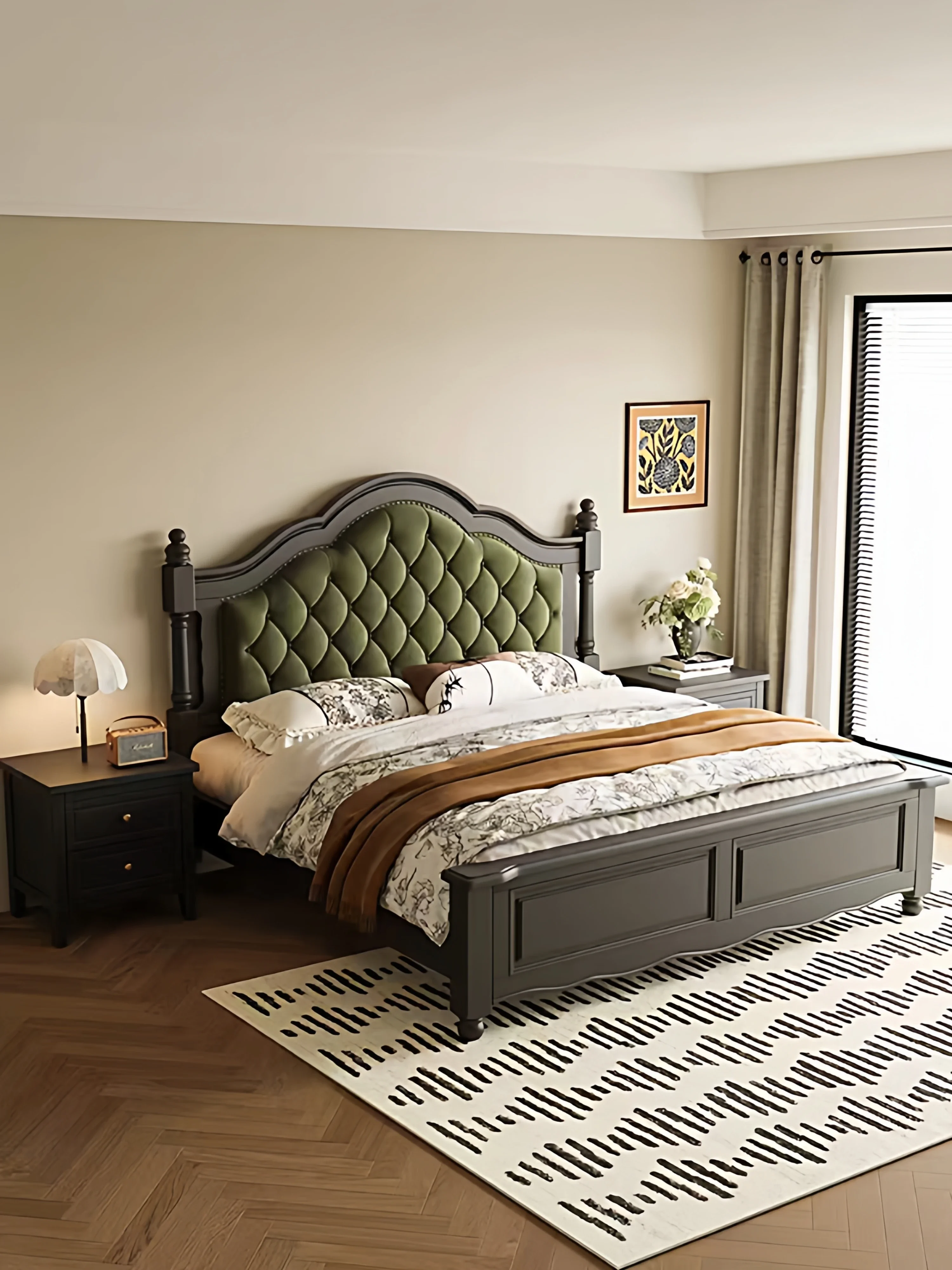 American retro black 1.5m 1.8m 2m solid wood French green flannel soft bag high box storage princess bed