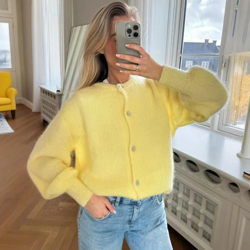 Tornova モヘア固体ニットカーディガン女性のファッション長袖ボタンカジュアルセーターコート女性の新しい秋カーディガントップ