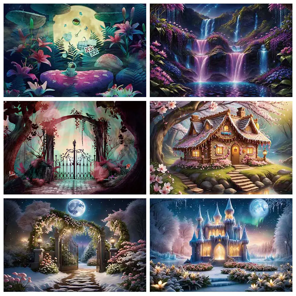

Dreamy Fairytale Forest Photography Background Castle Wonderland Jungle Mushroom Baby Birthday Party Decor Photo Studio Props