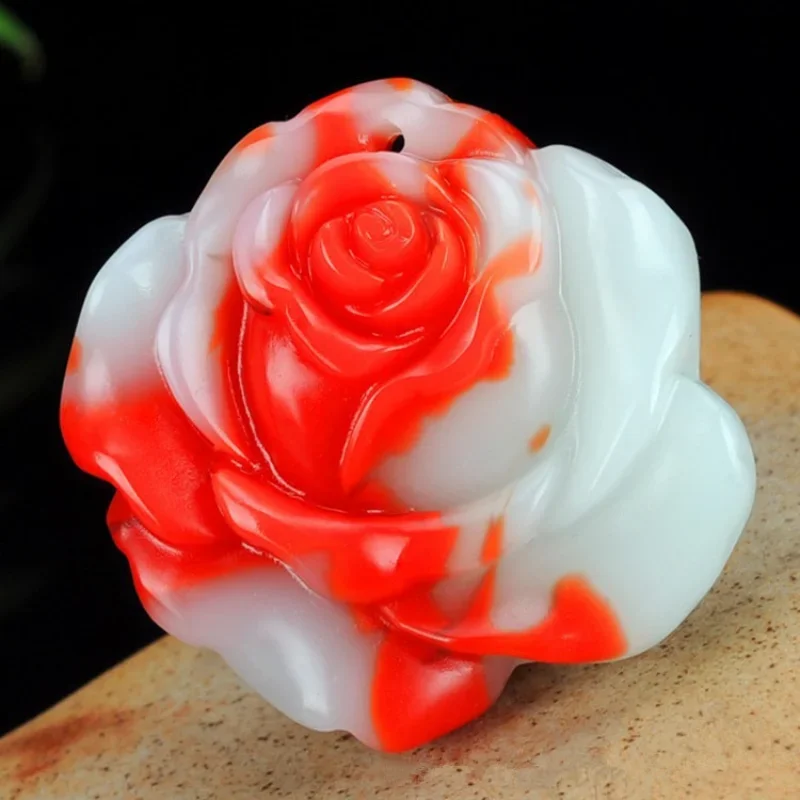 

Natural Color Jade Hand Carved Rose Pendant Fashion Boutique Jewelry Men's and Women's Colorful Blooming Rich Necklace