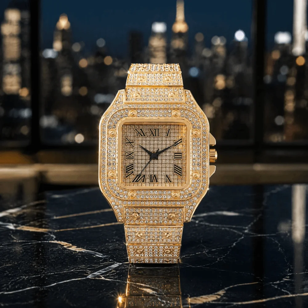 Waterproof Classic Luxury Business Watch Steel Strap Square Quartz Wristwatch Rhinestone Roman Scale Men Watch Jewelry Watch