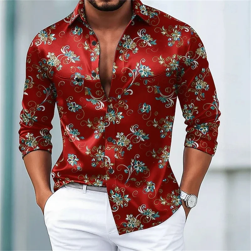Men's floral print shirt formal shirt long sleeve retro vacation daily autumn and winter lapel button shirt black and white red