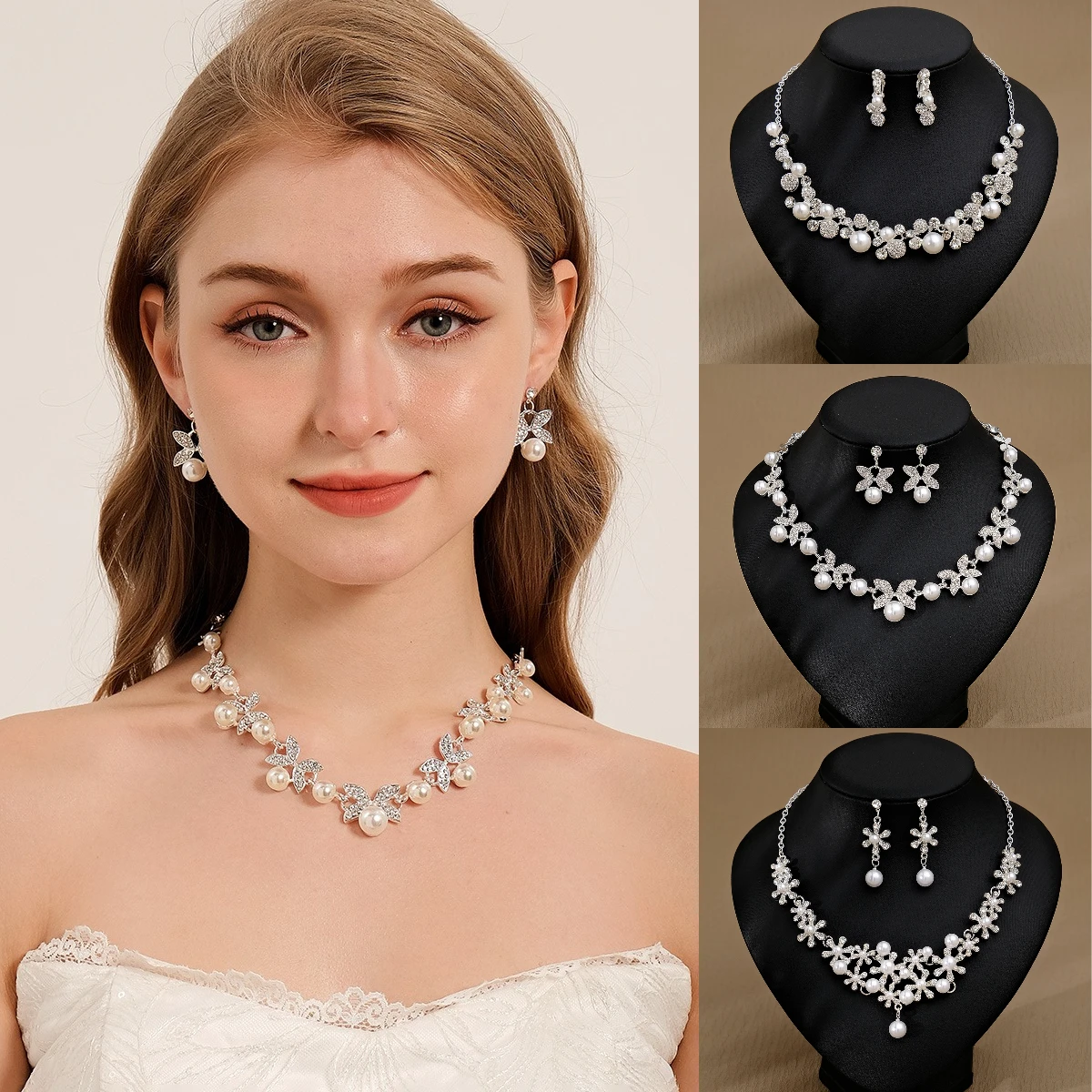 

Fashion Bridal Jewelry Sets for Women Pearl Jewelry Woman Necklace Exaggerated Trend Earrings Silver Color Wedding Accessories