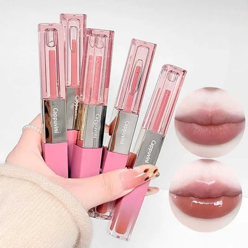 Brillo de labios femenino rosa de doble punta, suave y sedoso, mate, esmalte de labios, espejo, aceite de labios, lápiz labial en capas, maquillaje de larga duración