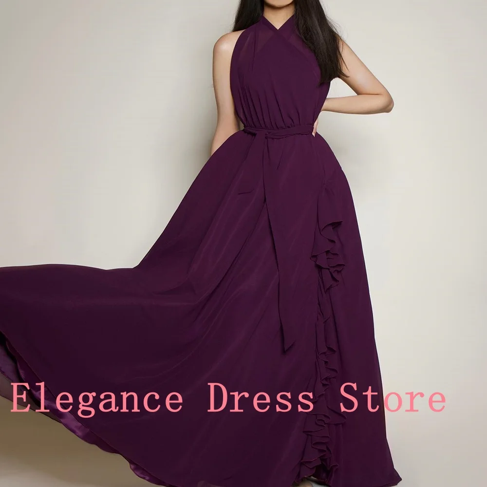 Customized Graceful Halter Belt Ruffles Evening Dress Classic Chiffon Sleeveless Photo Color Pleats Sweep Train Robe de soirée