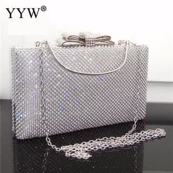 Luxury Shiny Diamond Women Evening Clutch Handbag Elegant Wristlets Square Glitter Rhinestone Messenger Purse Metal Chain Bag