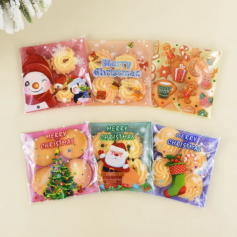 100PCS Self-adhesive Plastic Cake Cookies Bags Christmas Transparent Snowflake Pastry Bag Xmas Party Small Gift Packaging Supply