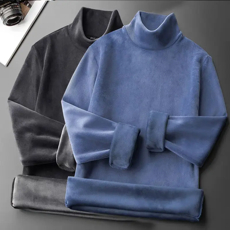 Autumn Winter Fleece Thicken Men's Long Sleeve T-shirt Half High Collar Solid Color Simple Bottoming Tops Casual Cozy Pullovers