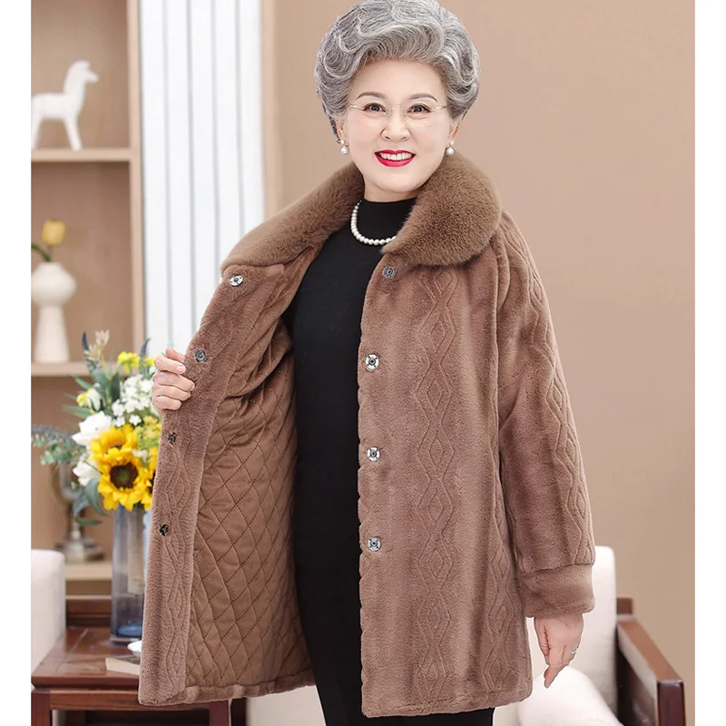 Middle-aged Elderly Women's Mink Velvet Coat High End Grandma's Winter Fur Jacket Noble Mother Faux Fur Overcoat Warm Parkas 5XL