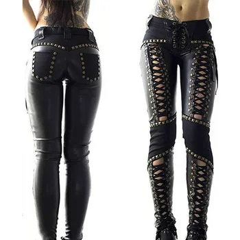 Image Women Pants Punk Rock Imitation Leather Pencil Pants New Sexy Hollow Out Bandage Leggings Streetwear Women's Pants