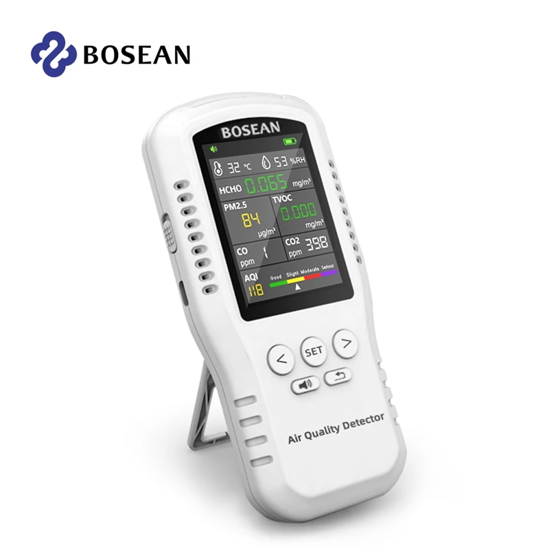 

Bosean Digital LCD Air Quality Detector PM2.5 HCHO TVOC CO2 CO Humidity Temperature Tester Home Air Quality Monitor Real Sensor