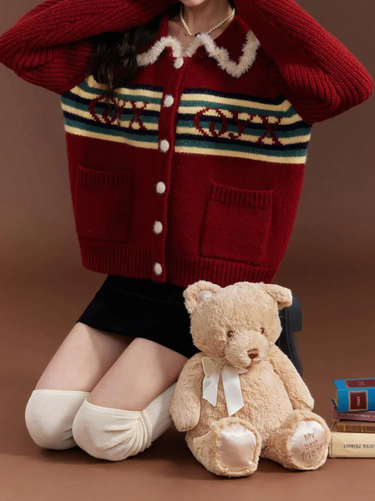 Rood Retro Gebreid Vest Zoet Gestreept Vrouwen Herfst Luie Wind Slim Fit Truien Peter Pan Kraag Knop Kawaii Casual Nieuwe Tops