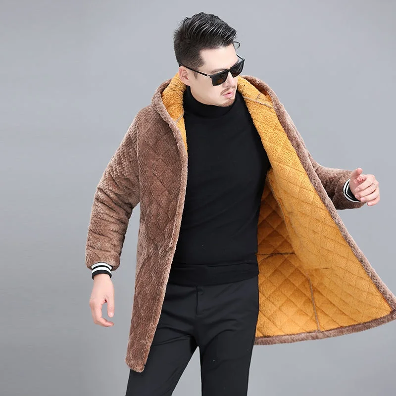 

Thiened Cotton Work Apron Men's Winter Warmth Protection Coat Long Line Single Button Closure Hooded Polyester Filled Jaet