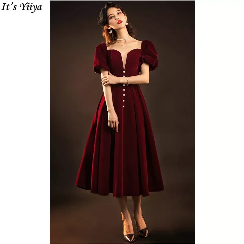 

It's Yiiya Evening Dress Burgundy Velvet Square Collar Buttons Robe De Soiree Tea-length Plus size Woman Party Formal Gowns V165