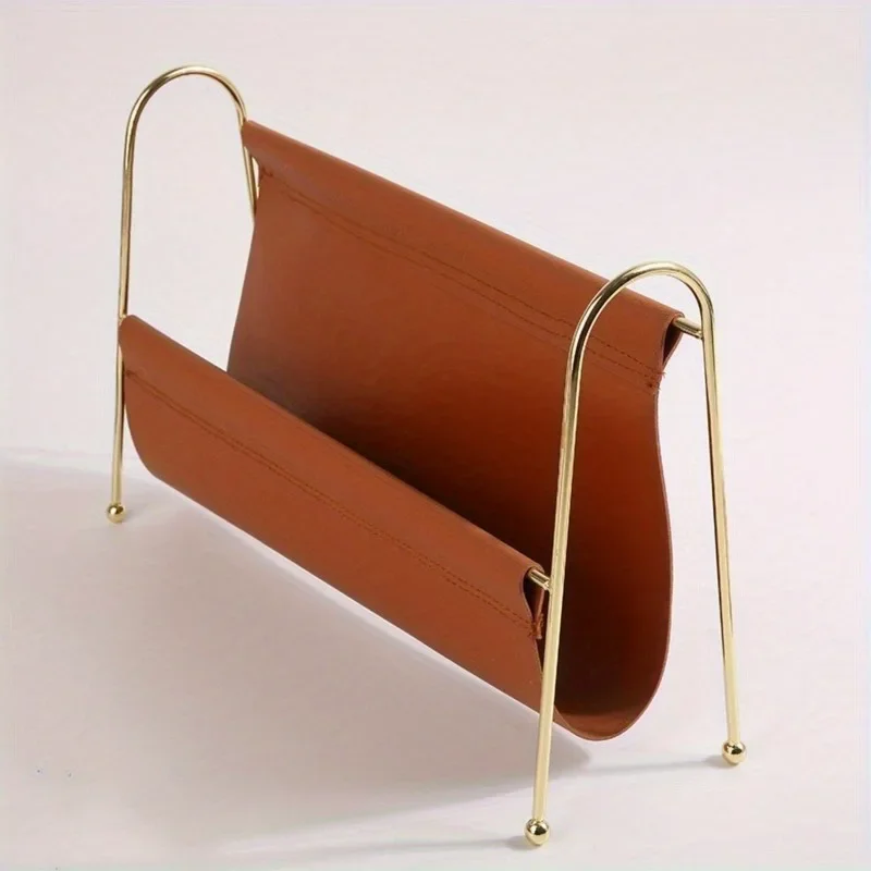 Gold Storage Compact Nordic Metal Rack Magazine - Leather Faux Desk Frame, Organizer for Home Office/bookshelf Decor