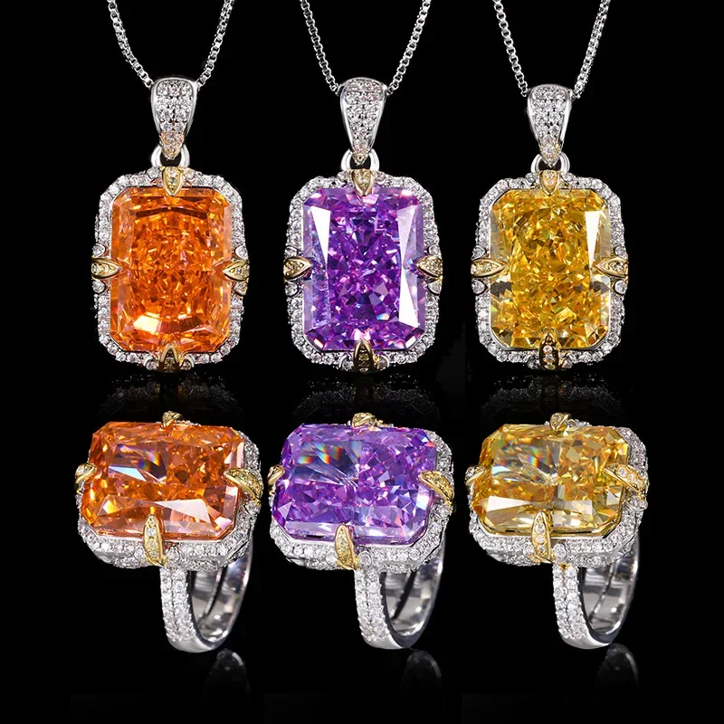 Elegant Adjustable Yellow High Carbon Diamond Cushion Cut Crystal Pendant Necklace Ring for Women Luxury Gemstone Jewelry Gift