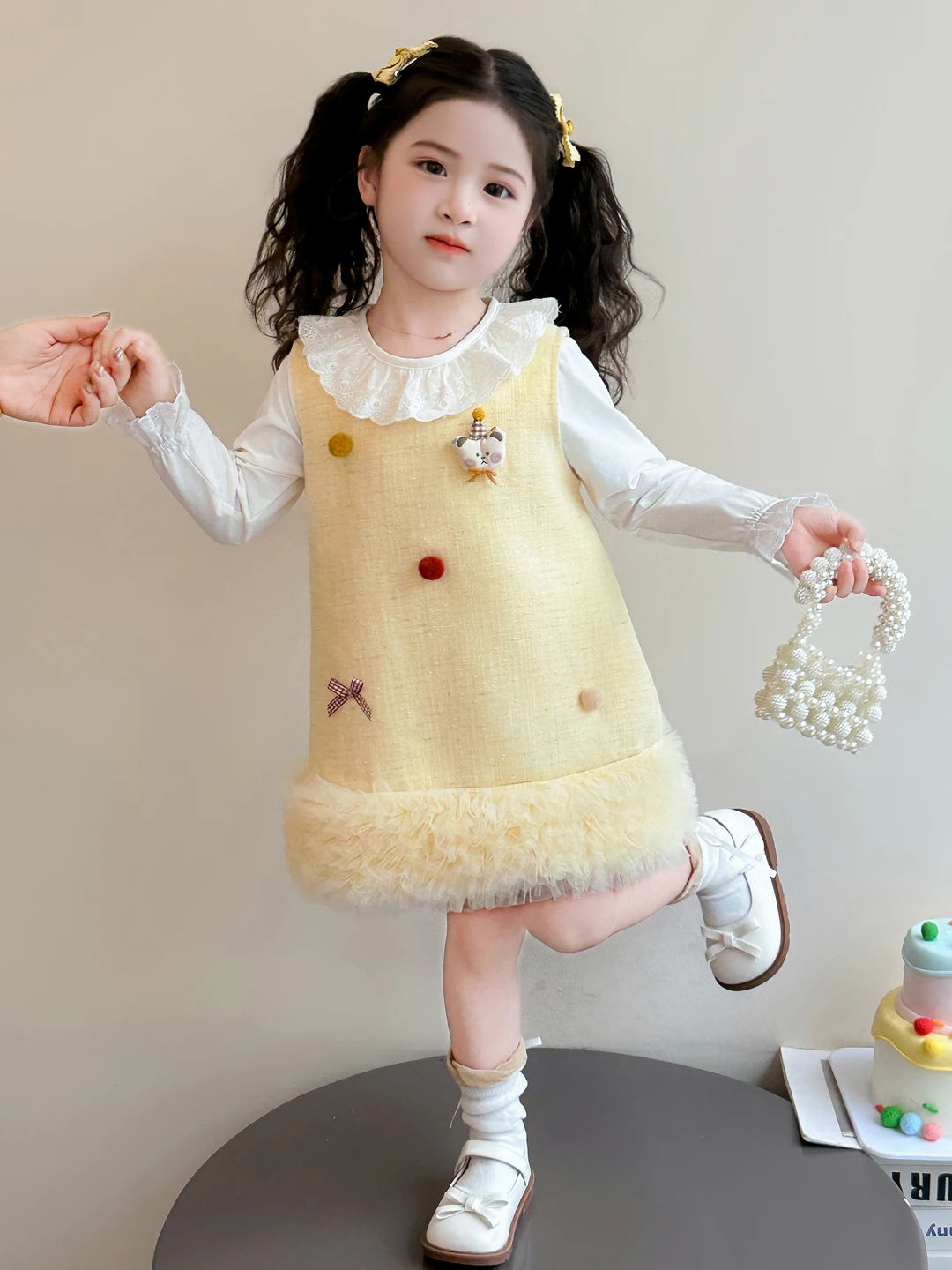 

Girls' Furry Ball Skirt Vest Two-Piece Set Spring New Sle Princ Skirt with Me Long Sve round Ne Design