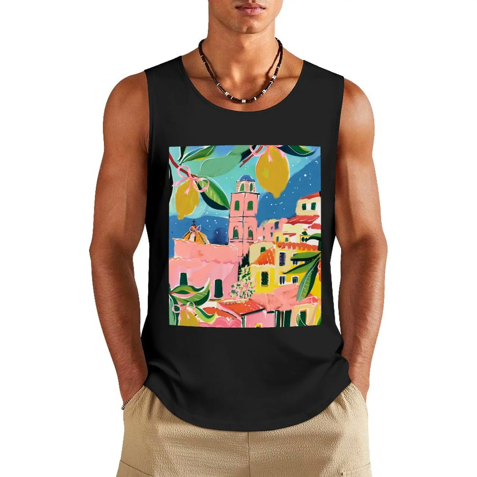 

Pink Italy - Vintage Travel Painting Tank Top Men's summer vest singlets for men Men's t shirt