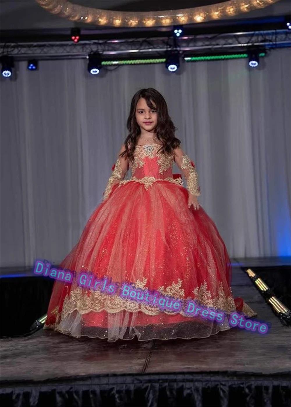 Customised Elegant Red Tulle Fluffy Flower Girl Dress Lace Gold Printing Appliques Wedding Kids Birthday Party Evening Gowns