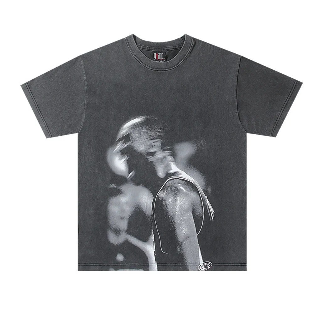 Vintage Basketbal Kobe Portrait Print High-Street Casual Loose Quality Cotton Short Sleeve Tee T-Shirt Tops For Men