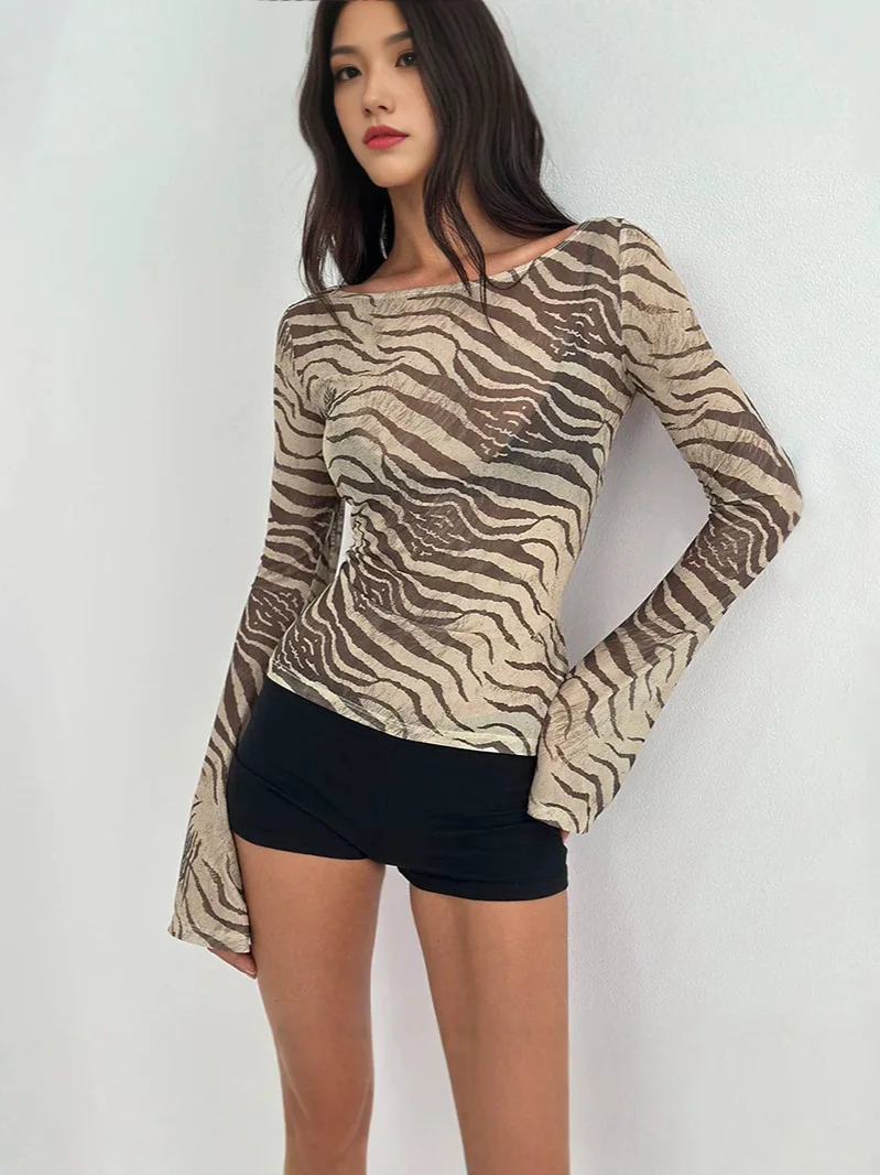 Zebra Printed Mesh Sheer Sexy Shirts & Blouses Long Sleeve Tops Fashion 2026 Fall Clothes for Woman