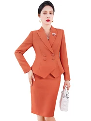 New Arrival Elegant Ladies Formal Skirt Suit Women Orange Blue Pink Long Sleeve Female Blazer Set for Business Work Wear