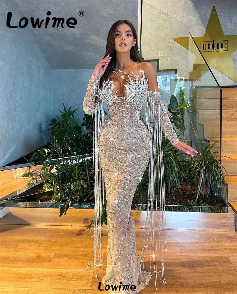 Sparkly Beaded Crystals Silver Evening Dresse Tassel Party Dress Long Sleeves Off Shoulder Engagement Gowns Mermaid Prom Dresses