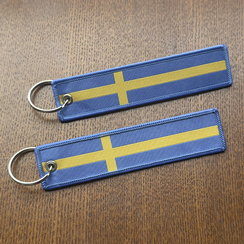 1Pc/2Pcs/3Pcs Set Verkauf Schwedische Flagge Muster Beide Seiten Stickerei Lustige Tag Schlüsselbund Motorrad schlüssel Für Männer Frauen