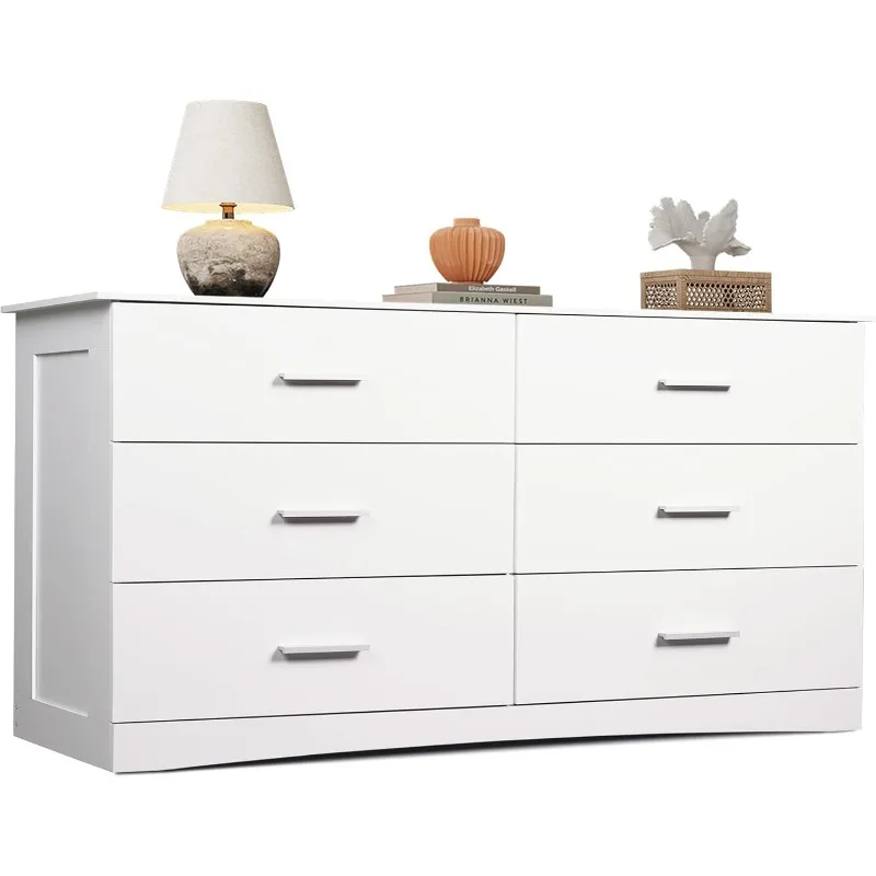 Wood Dresser for Bedroom, Wide Chest of Drawers with 6 Drawers,Modern Minimalist Closet Store Organizer for Living Room