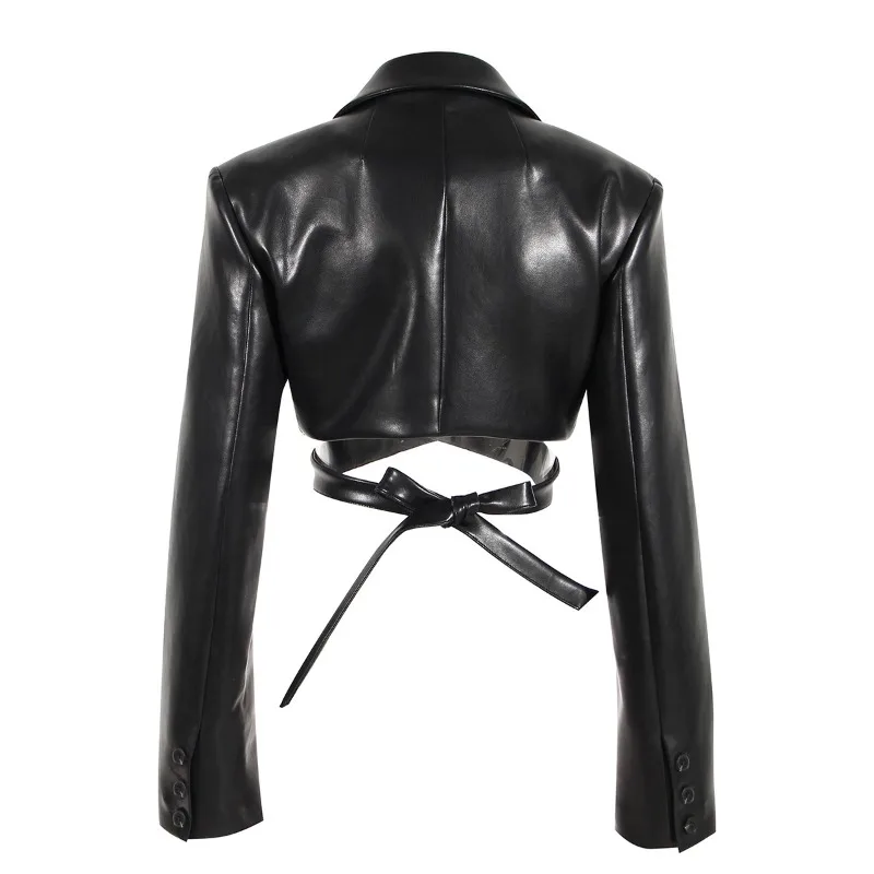 Vestes à la mode pour femmes, col à revers, Slim, croisé, à lacets, manches longues, manteau court en cuir PU, poches épissées, nouvelle collection automne