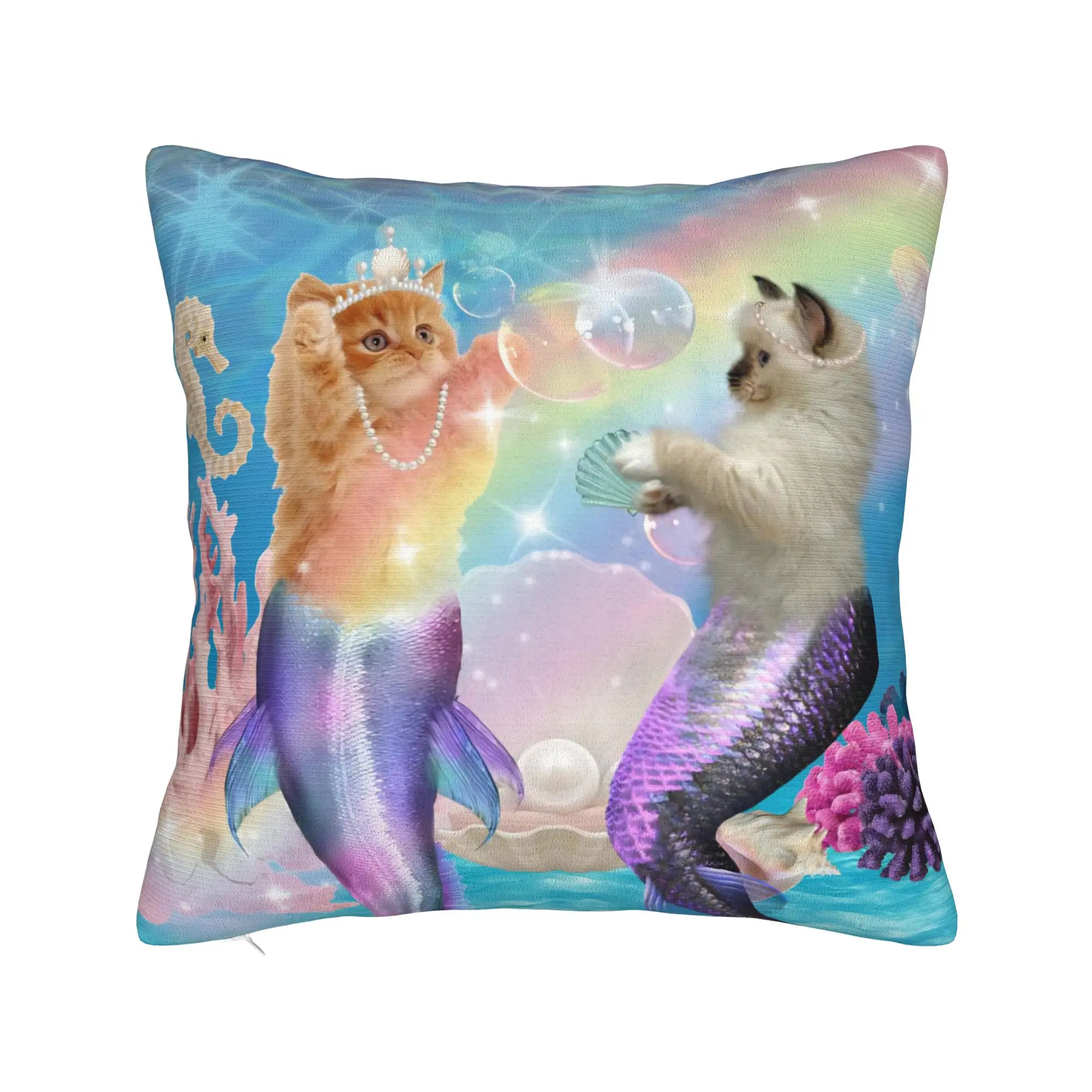 Cat Mermaid Frutiger Aero Square Pillow Cases  Cushion Cover Custom Polyester Decor Pillowcase for Home 18