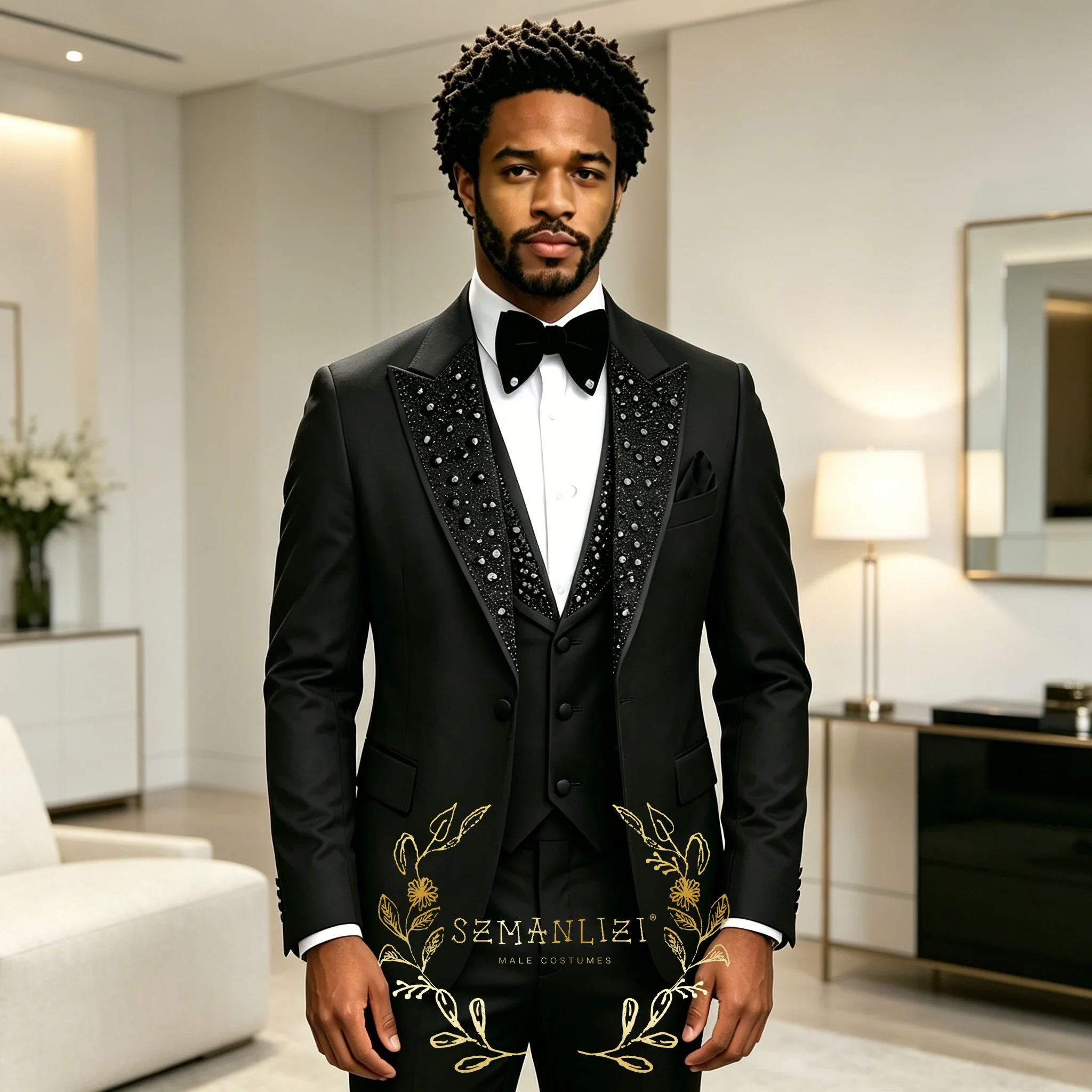 Luxury Men's Black Beaded Crystal Suit Set 3 Pieces Business Outfit Man Formal Tuxedo For Wedding Groom Set Slim Fit Party Suits