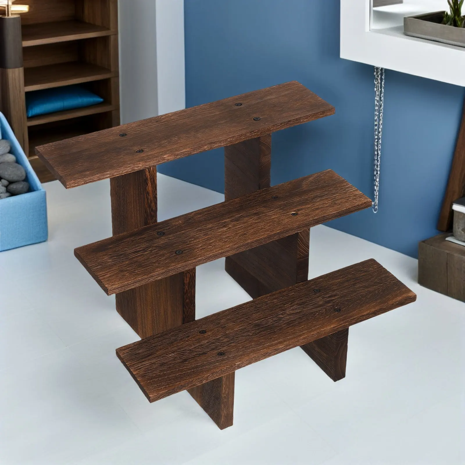 Wooden Display Stand Three-Tier Vintage Style Desktop Organizer for Action Figures Succulent Plants Jewelry and Small Items