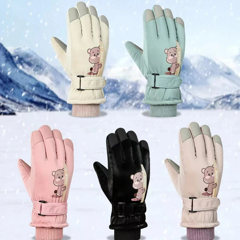 

Children Ski Gloves for Girls Boys Winter Waterproof Outdoor Skiing Riding Kids Gloves Thicken Plus Velvet Five Finger Gloves