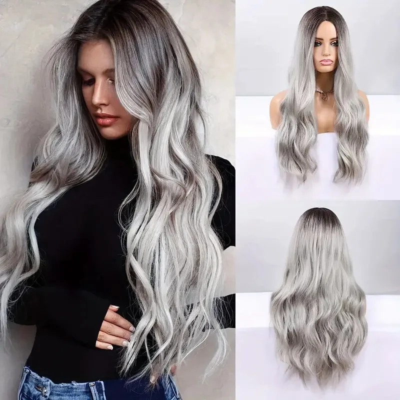 Synthetic Fashion Middle Part Long Wavy Wig Silver Grey Ombre Big Wave Black Gradient Cosplay Party Full Head Costume Hair