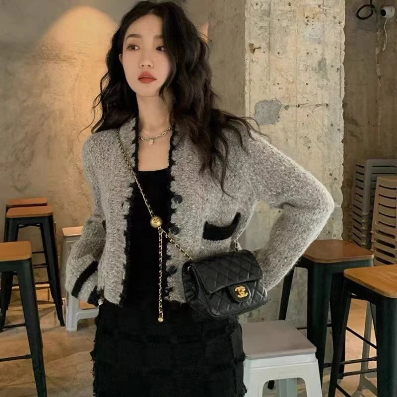 Vintage Knitted Cardigan Women Elegant Cropped V Neck Sweater Coat Sweet Korean Patchwork Short Knitwear Casual Jumpers Tops New