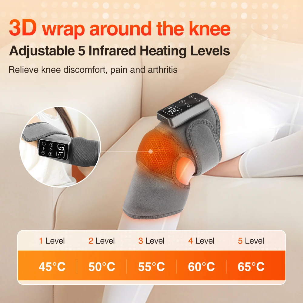 Heated Knee Massager with Vibration, Cordless Rechargeable Knee Warmer 3000mAh, 5 Heat Levels 113-149°F, 3 Massage Speeds, 30-Min Auto Off, 1 Pc Grey Brace with 23.6 in Extension Strap and USB-C Cable, for Ski, Gym, Cold Desk Work, Gift for Men and Women