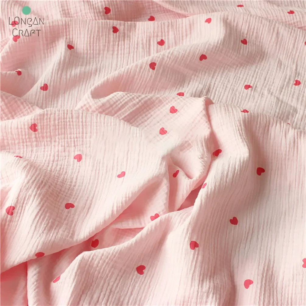 Longan Craft Supplies Soft Heart Print Cotton Sewing Fabric Crepe Double Layer Gauze Cloth Diy Towel Material