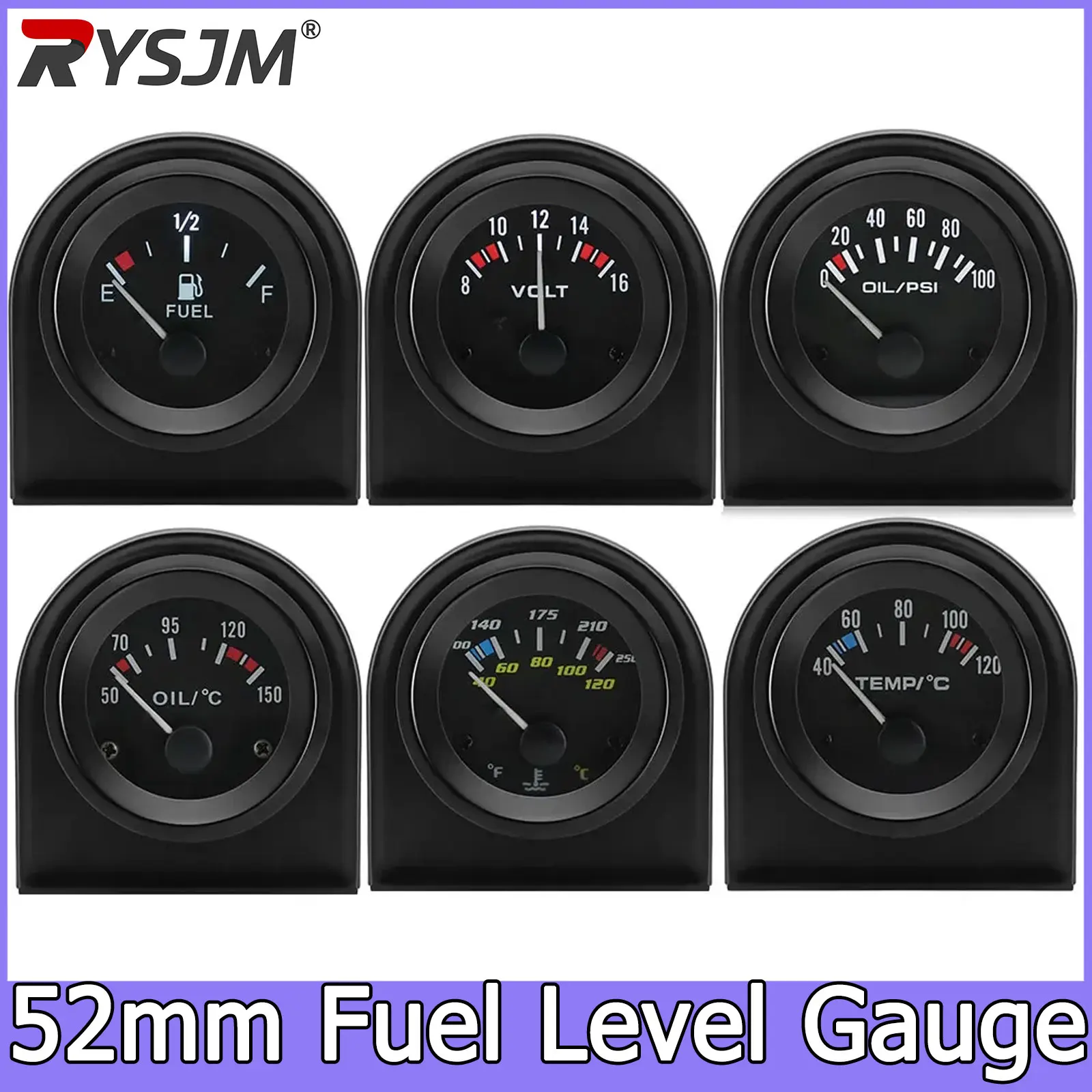 

52mm Fuel Level Gauge 12V White LED Black Rim Universal Car Automotive Oil Level Meter 240-33ohm Oil Press Water Temp Gauge