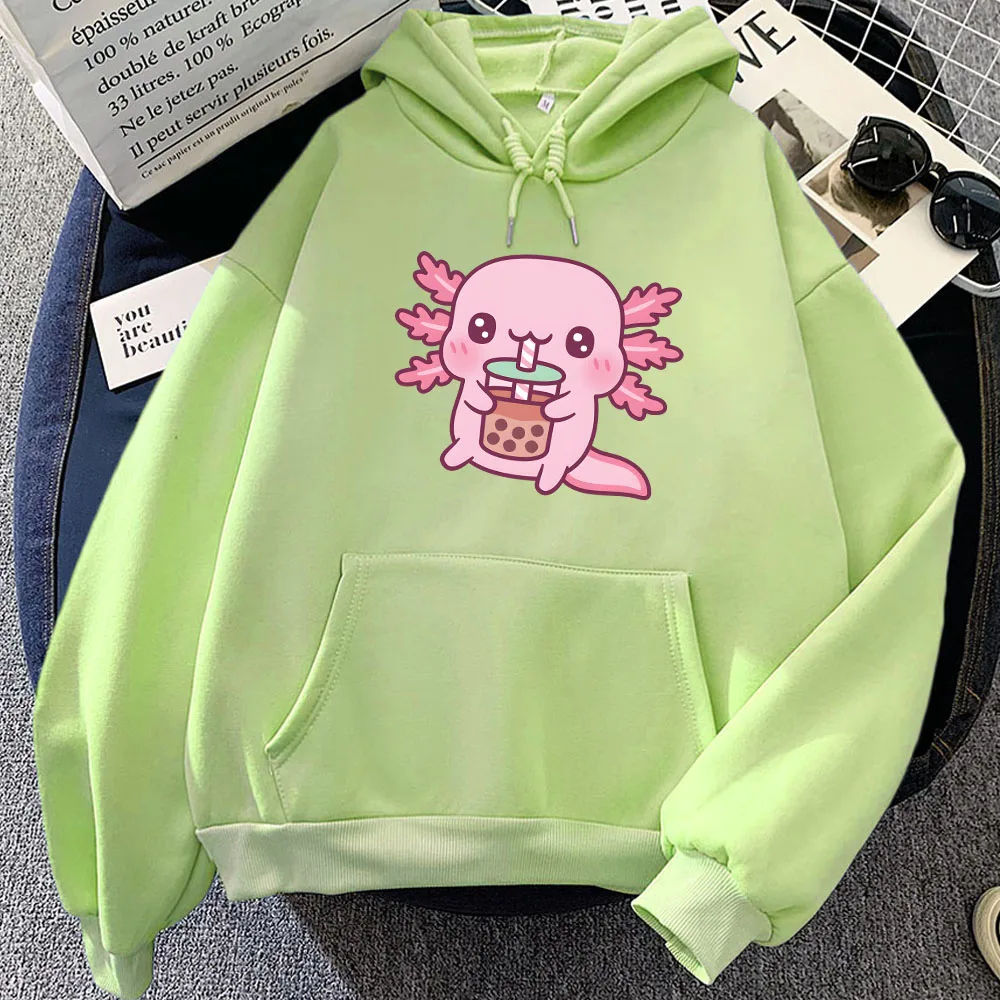 

Pink Axolotl Eating Bubble Boba Milk Tea Hoodies Winter Cartoon Graphic Hooded Sweatshirts Warm Comfortable Women/Men Pullovers