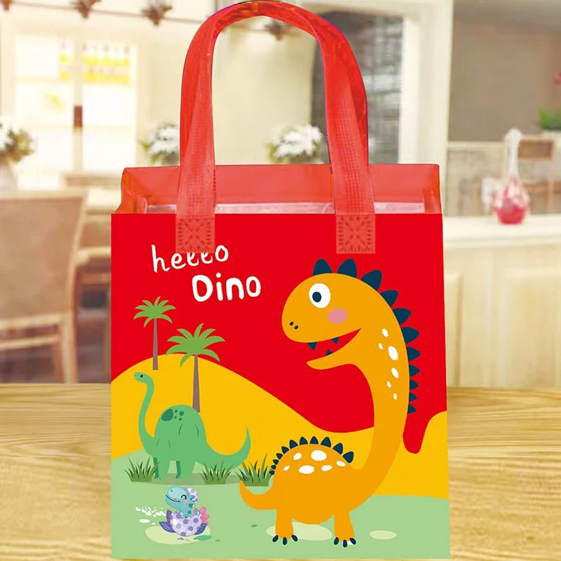 12pcs Cartoon Dinosaur Non-Woven Tote Bags Dino Reusable Grocery Bag Baby Shower Kid Birthday Party Decorations Snacks Gift Bags