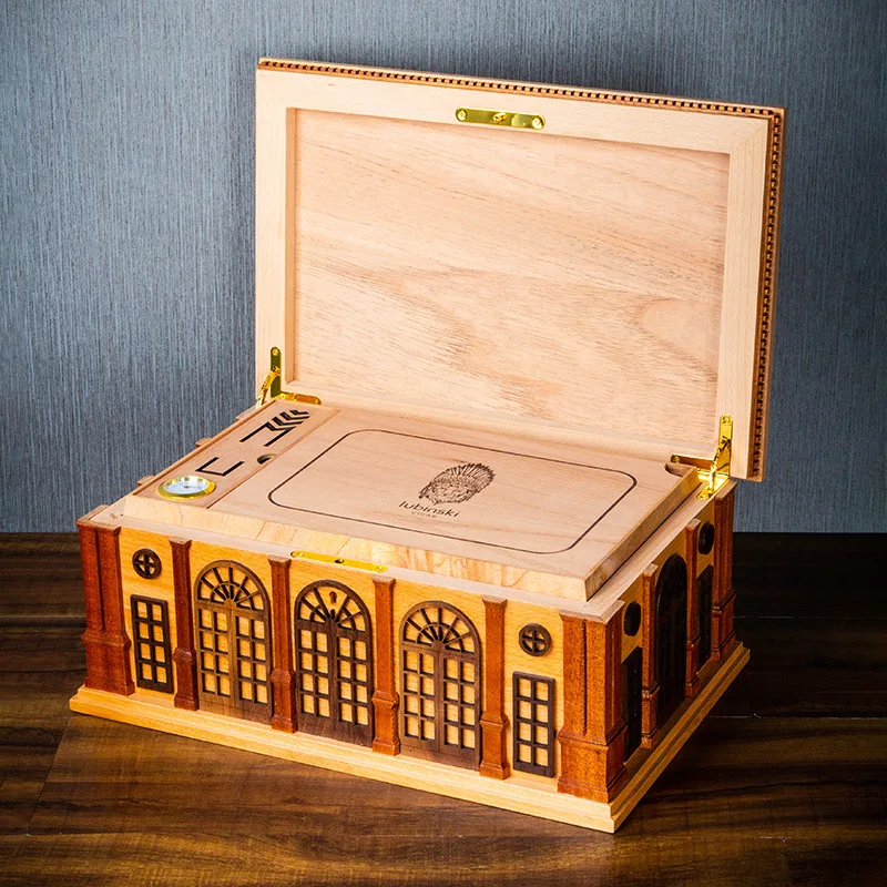 LUBINSKI Cigar Moisturizing Box Castle Shaped Patchwork Craftsmanship Beech Birch Durian Large Capacity Cedar Wood Cigarette Box