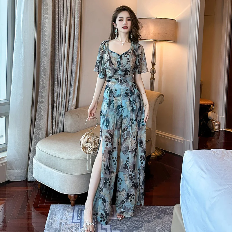 

2023 Summer Vintage Casual Vacation 2 Pieces Set High End Suits For Women Print Tops and Wide Leg Pants Chiffon Suits Two Pieces